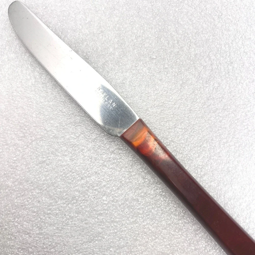Vtg Kaylan Stainless Steel Serated Knives Brown Marbled Thermoset Handles MCM‎